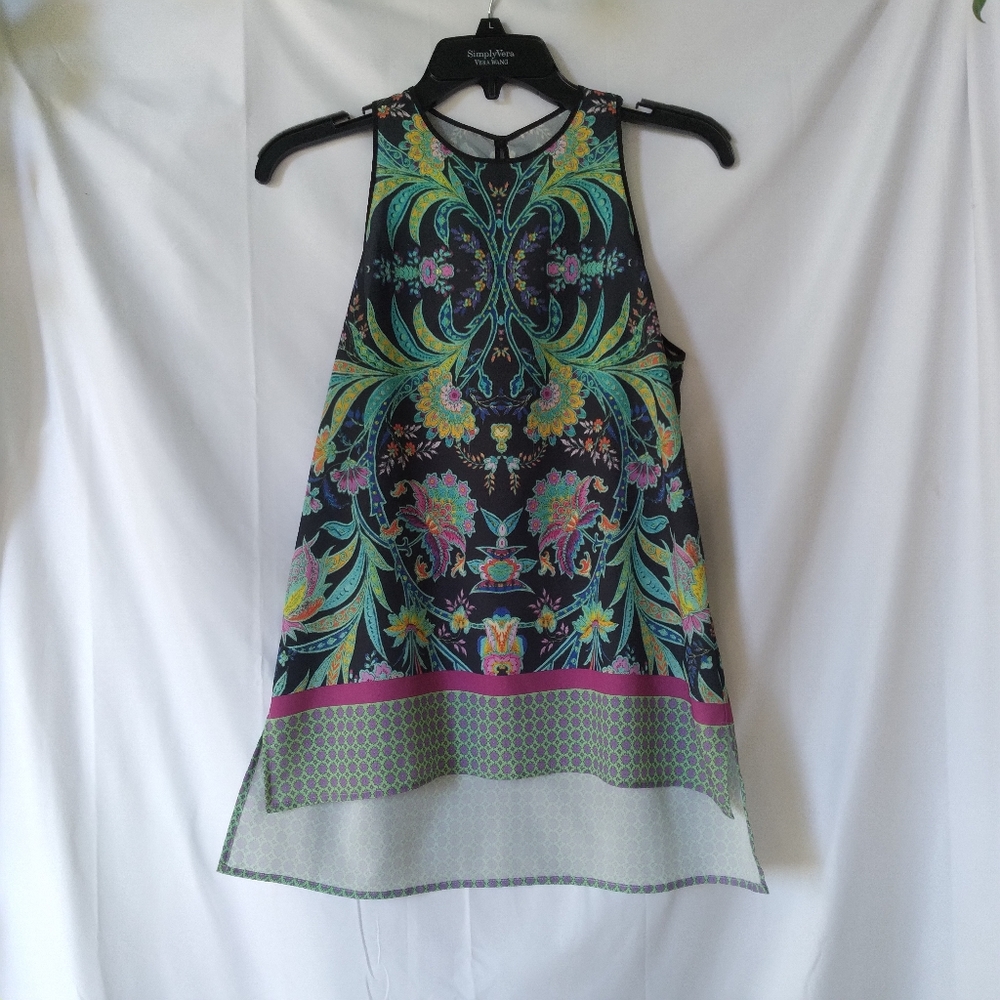 Dream Daily Tank Top Womens Size XS High Low Green Black Floral Lightweight